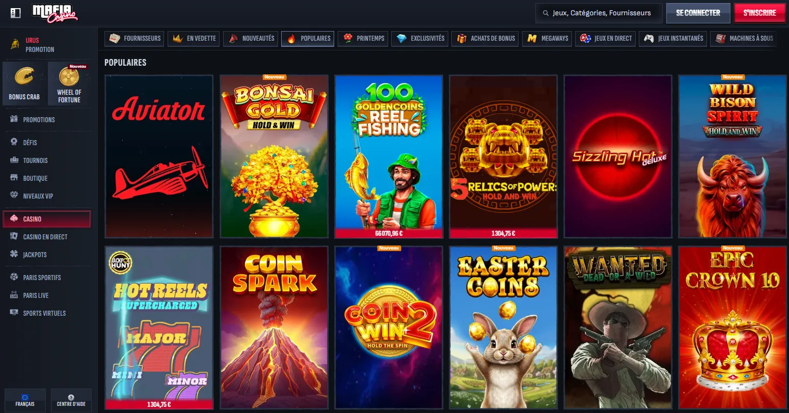 Jeux disponibles sur Mafia Casino France