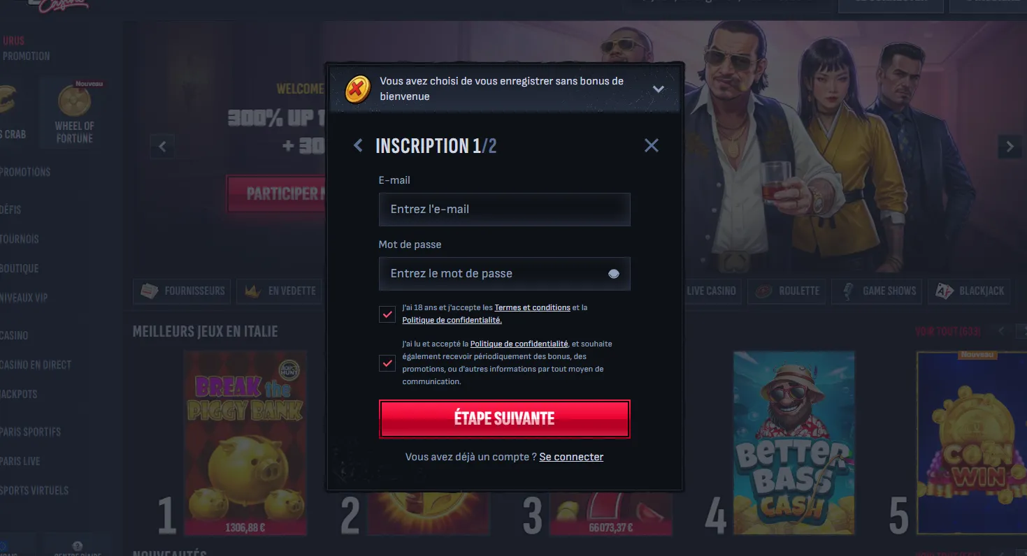 Inscription et connexion sur Mafia Casino en ligne